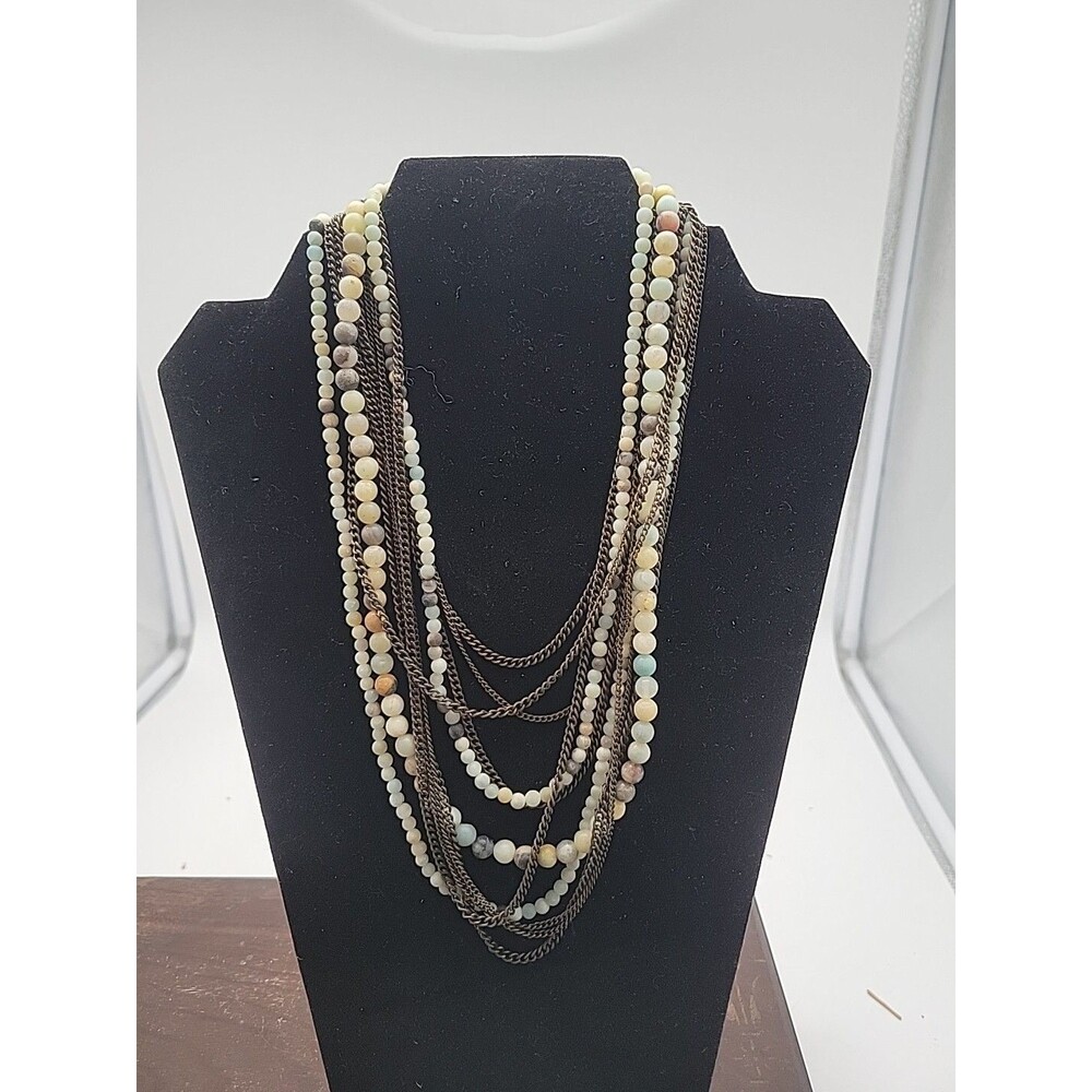 Vtg Sweet Lola Semi-precious Stone Necklace Boho Multistrand Aqua Brown Cream 🩵